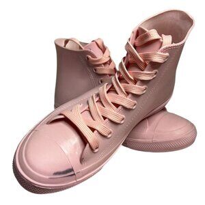 Pink High-Top Rubber Sneakers With Glossy Toe Cap & Lace-Up Closure
